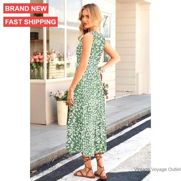 Sleeveless Maxi Dress Smocked Empire Waist Tiered Pockets Summer Sundress